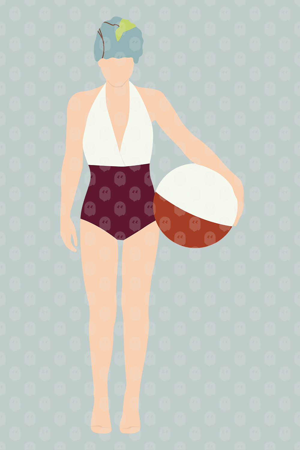 Archade Woman In Bathing Suit Standing And Holding A Beach Ball