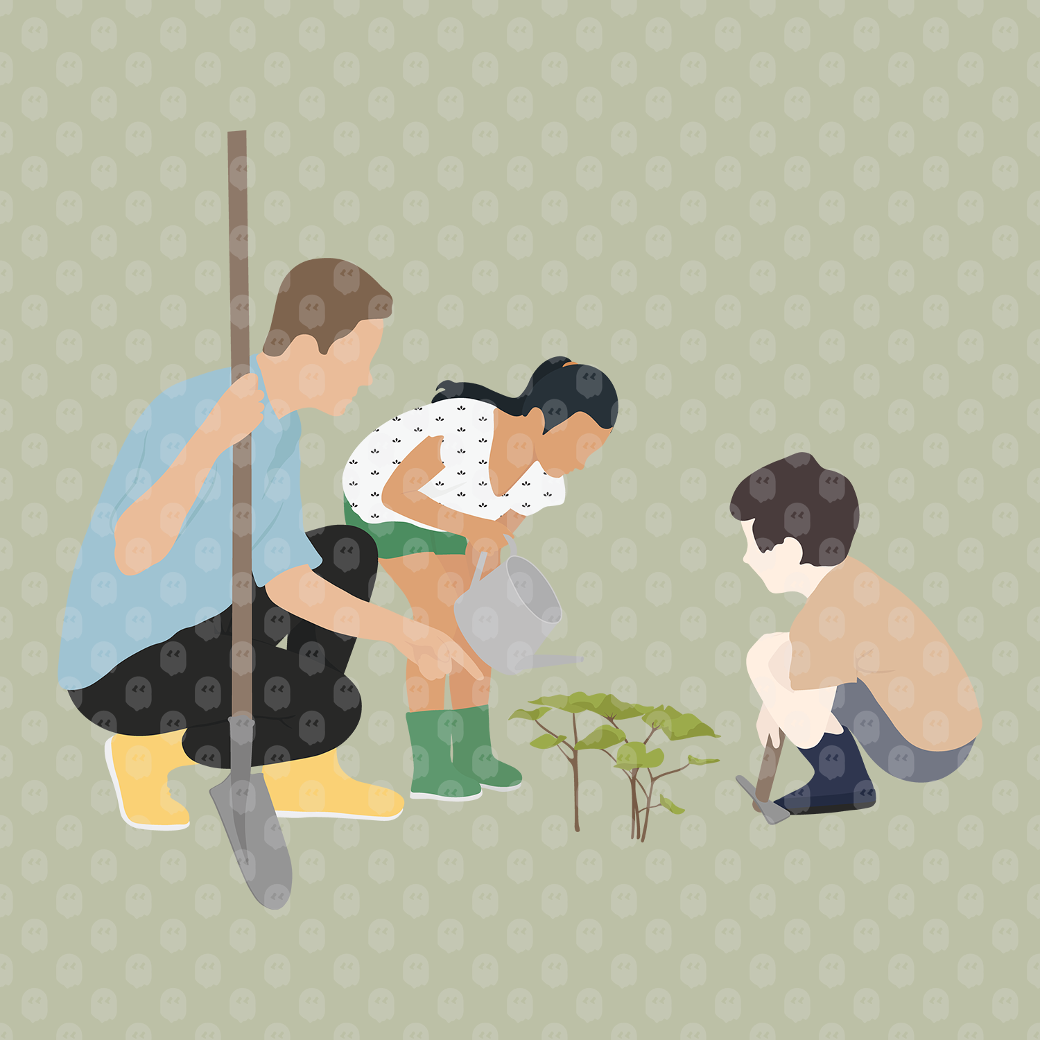 Archade Family Planting And Watering Plants Vector Drawings