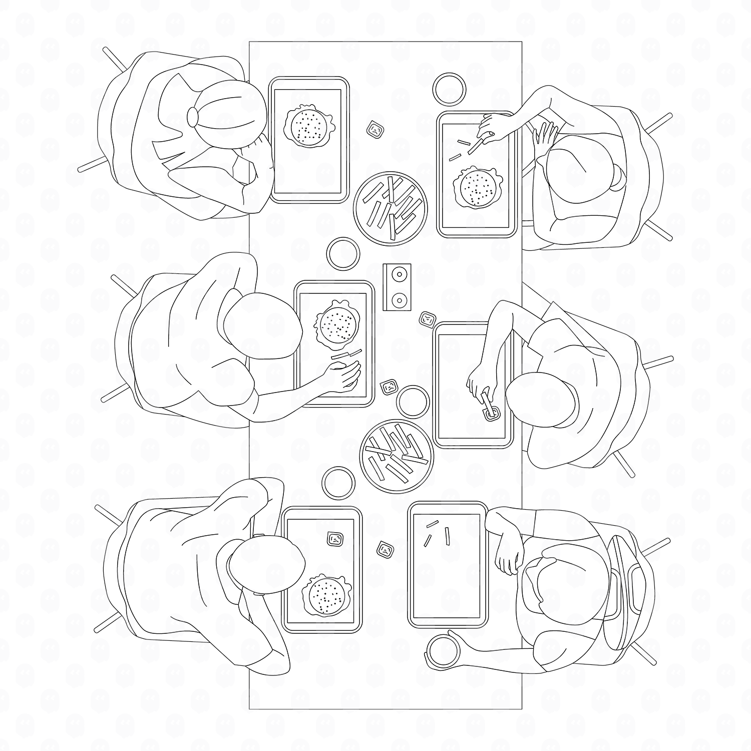 Archade | Cad People Eating Fast Food Rectangular Table Top View Vector