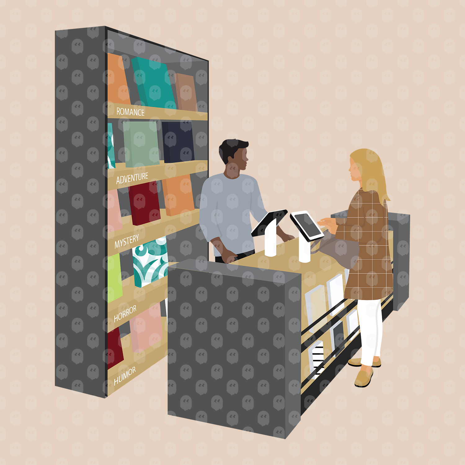 Archade People At A Bookstore Cash Register Vector Drawings